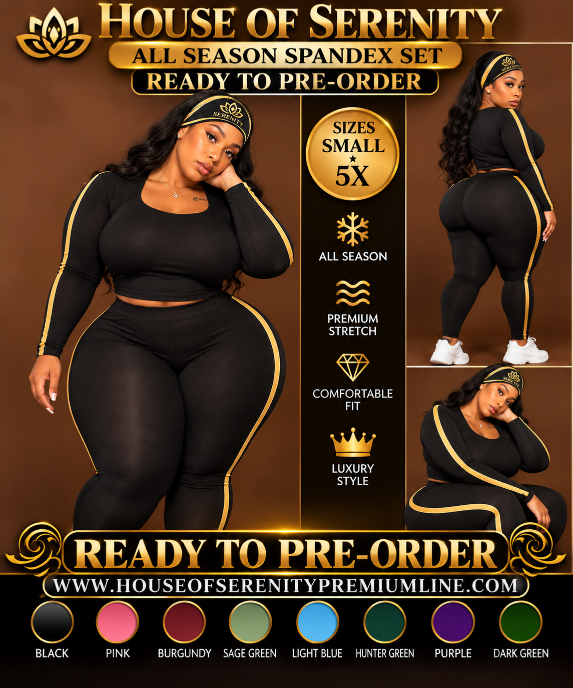 house of serenity premium luxury spandex 2-piece set with matching headband. pre-order
