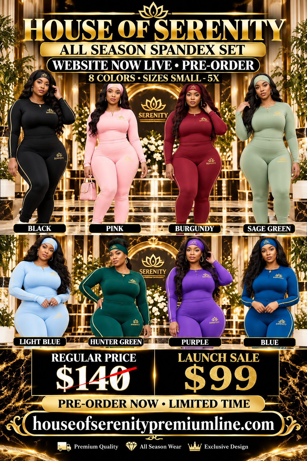 house of serenity premium luxury spandex 2-piece set with matching headband. pre-order